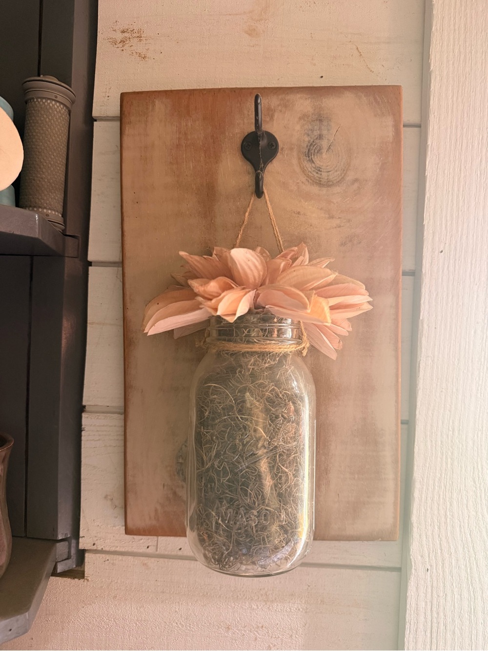 Set of two Rustic Hanging Mason Jar Wall Vase with Peach Floral Accent